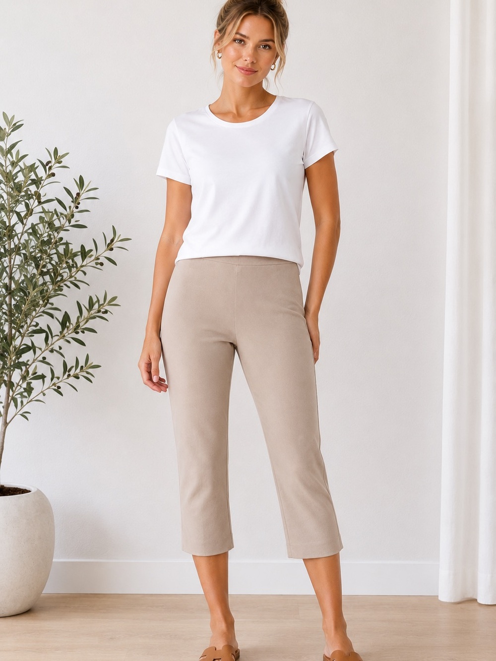 Part Two Khaki Cropped Capri Pants US 12 UK 16 Cotton Stretch Career Casual